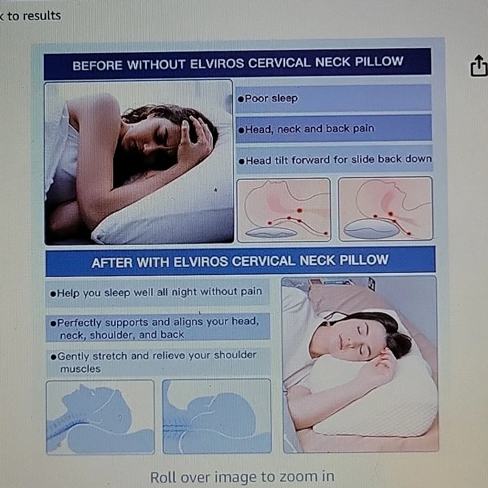 Elviros Memory Foam Cervical Pillow Queen ergonomic contour pain relief Grey New